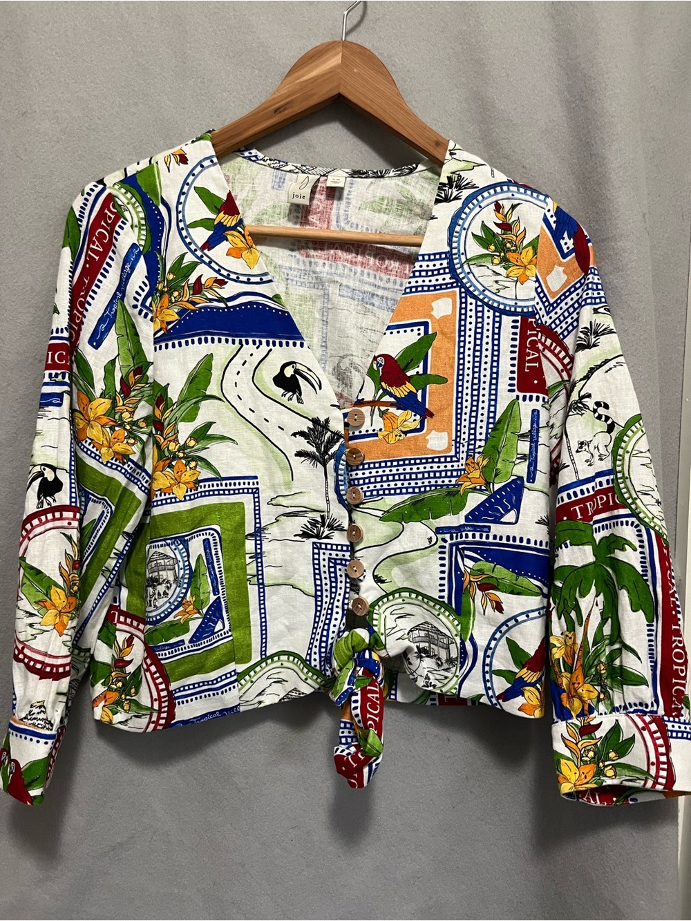 Joie Linen Rayon Tropical Print Cropped Button Front Shirt Parrot Toucan S/P